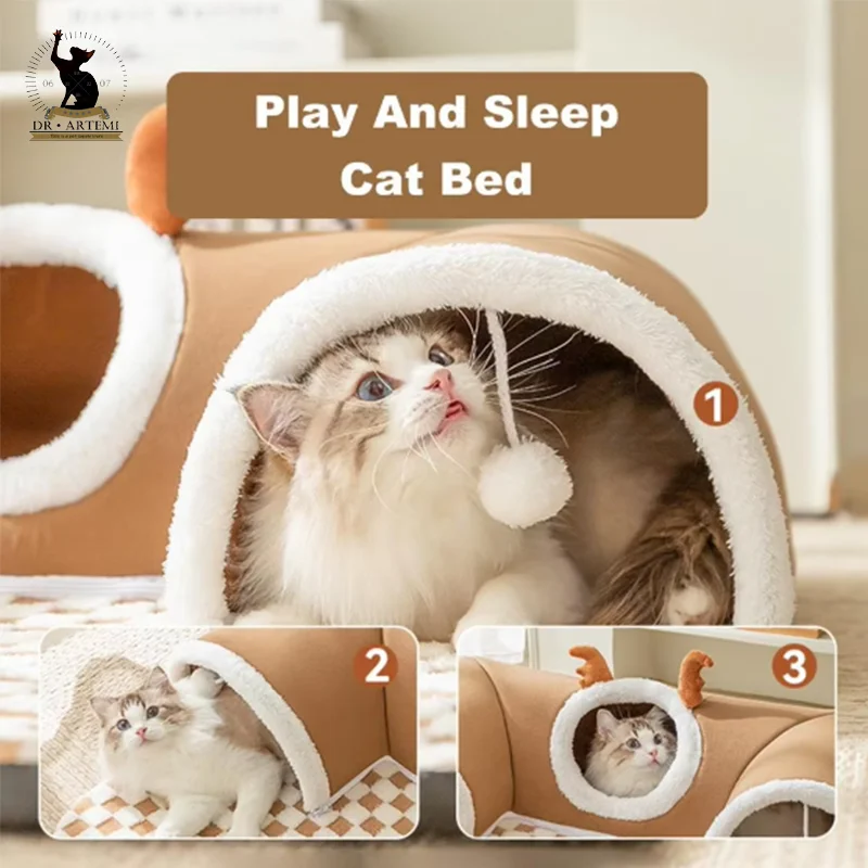 Warm Pet House Cat Tunnel Bed with Peekaboo Plush Ballet Toy Indoor Kitten Tube Accent for Multiple Cats Small for Rabbit