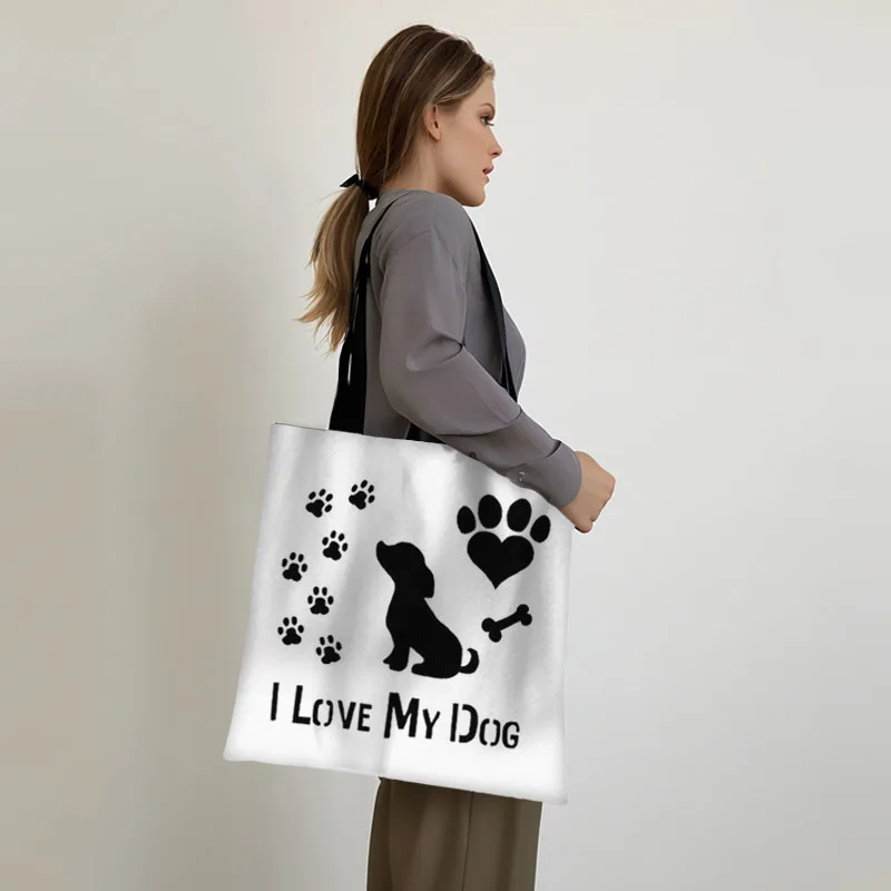 Dog Paws Heart Print Tote Bag Dog Mom Women Handbag Causal Eco Shopper Bags Ladies Reusable Shopping Bag Storage Handbags Gift