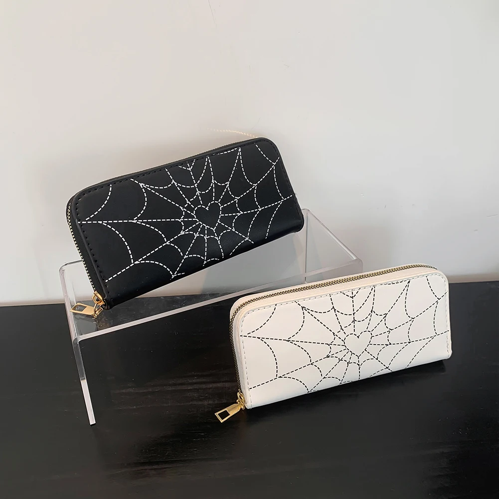 Women Spider Web Zipper Wallet PU Leather Gothic Coin Money Bag Fashion Multi-Use Halloween Trendy Wallet for Girls