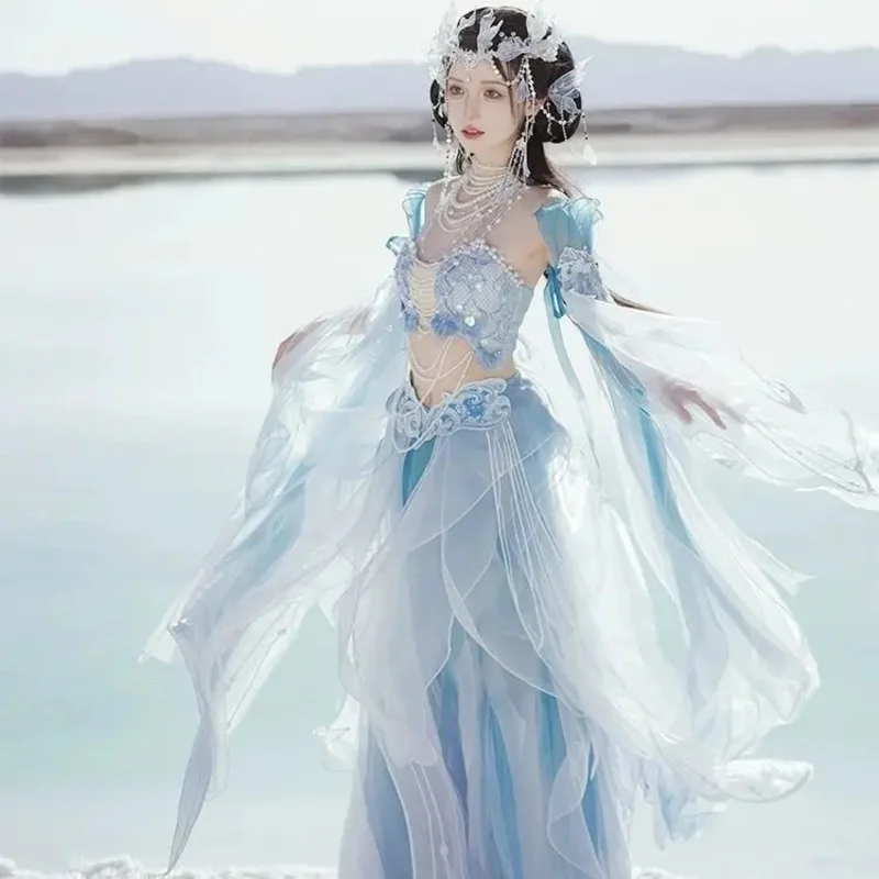

New original Hanfu dress exotic mermaid princess gradual print embroidery Chinese elements fairy cosplay costume set