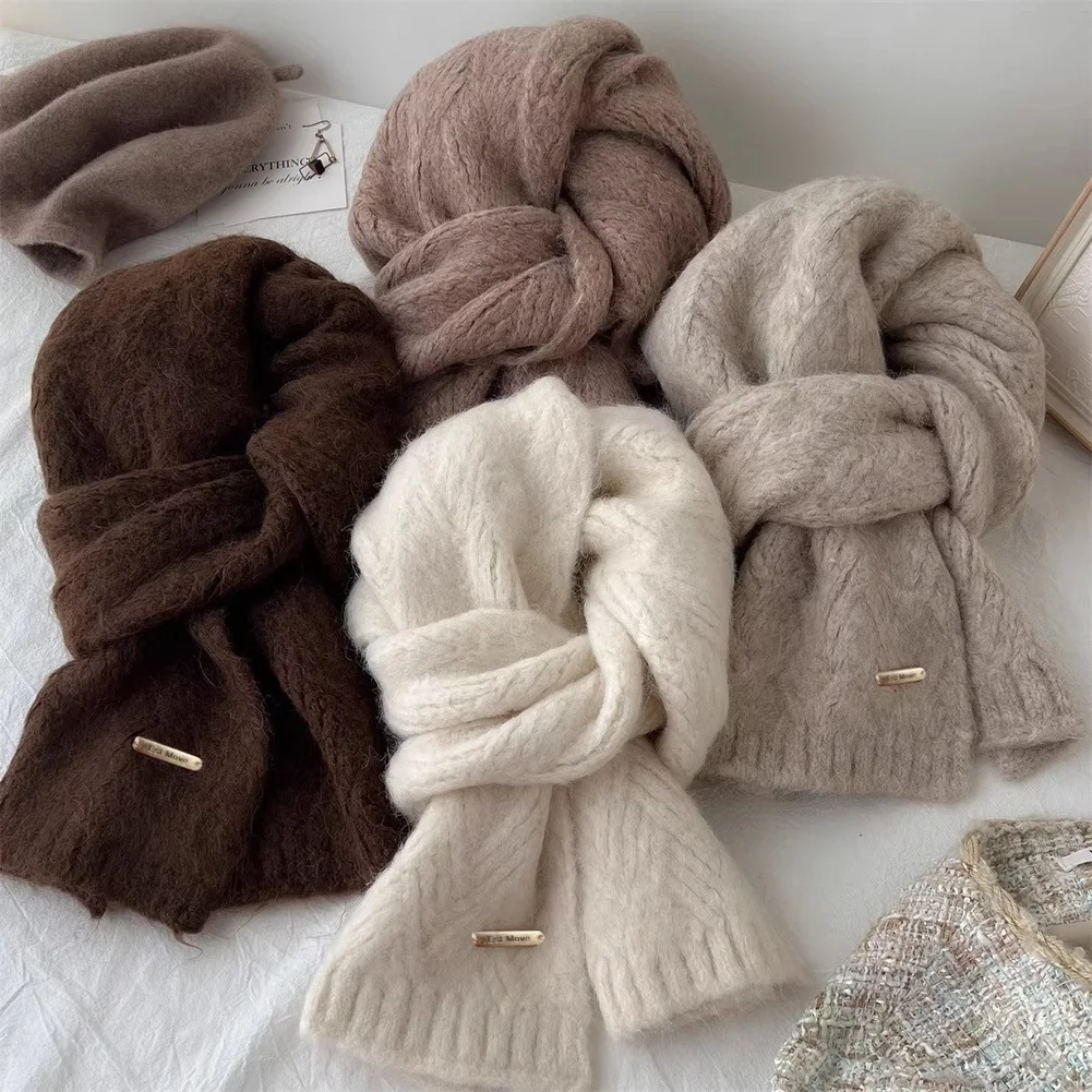 Alpaca Wool Knitted Scarf Women New Style Autumn Winter Korean Version Solid Color Thickened Warm Knitted Scarf
