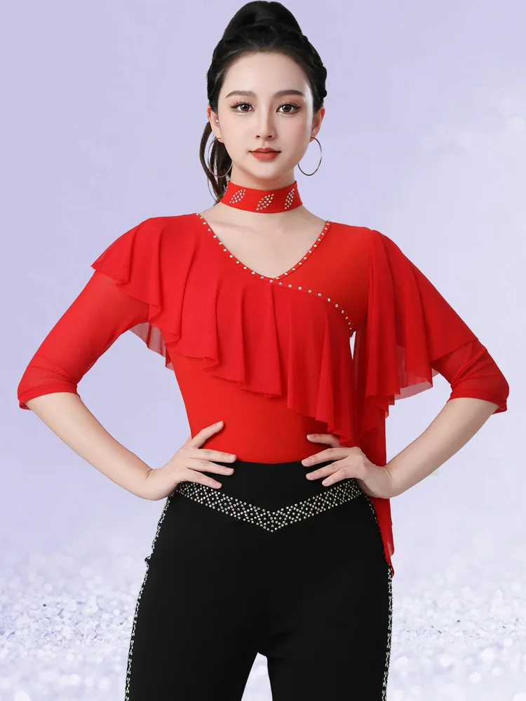 new-women's-dance-top-v-neck-midi-sleeve-elastic-slimming-latin-dancewear-square-dancing-shirt-milk-silk-material-fitness-fas