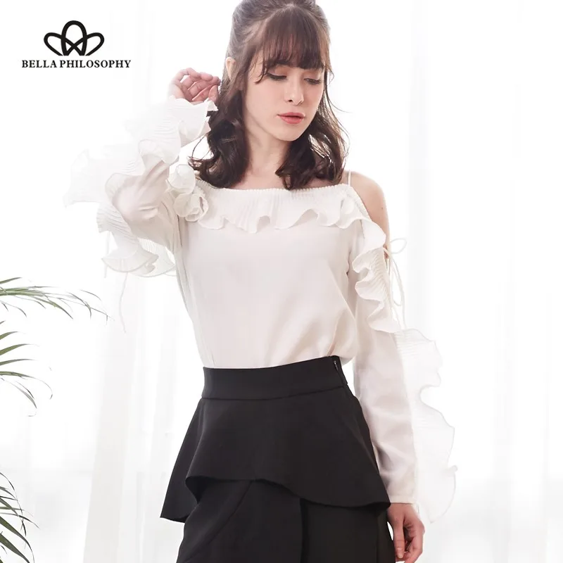 

Bella Philosophy, весенняя женская сексуальная блузка с разрезом на шее и рюшами, блузка, модная женская рубашка с длинными рукавами и открытыми плечами, женская рубашка