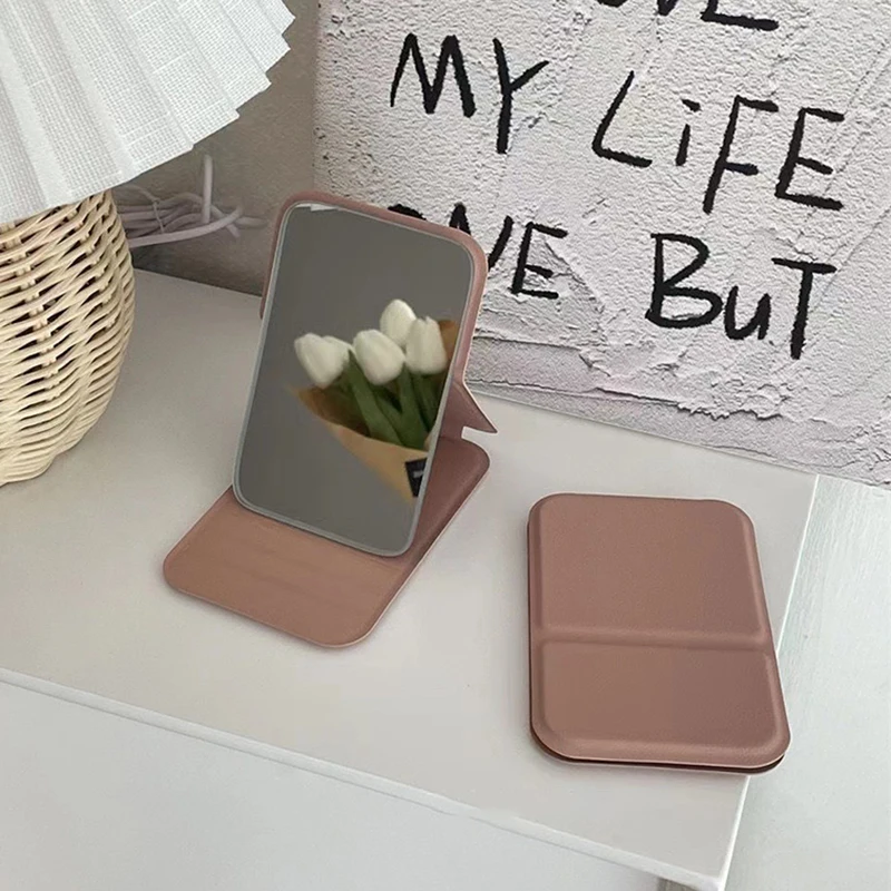 1PCS Desktop Makeup Mirror Solid Color PU Leather Simple Portable Handheld Makeup Mirror Foldable Student Compact Pocket Mirror