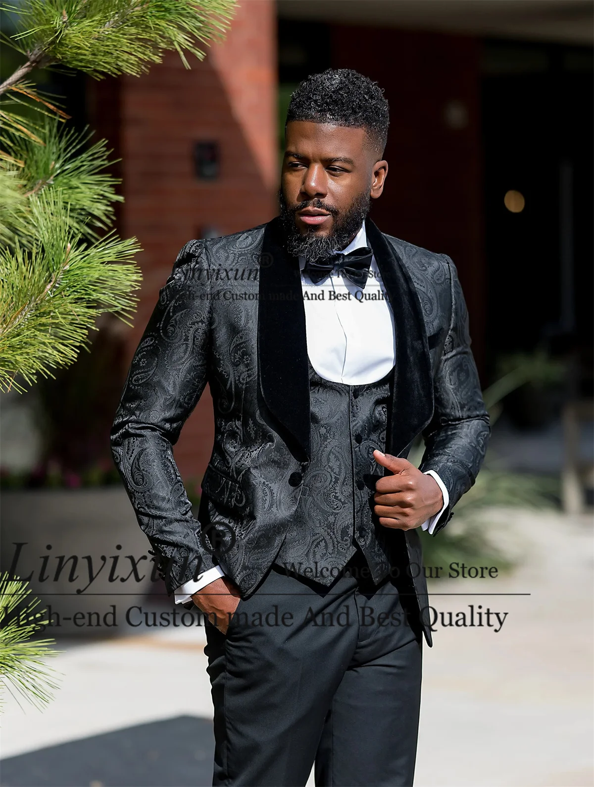 

Fashion Jacquard Wedding Suits For Men Black Velvet Shawl Lapel Groom Tuxedo 3 Pieces Male Prom Blazer Sets Slim Costume Homme