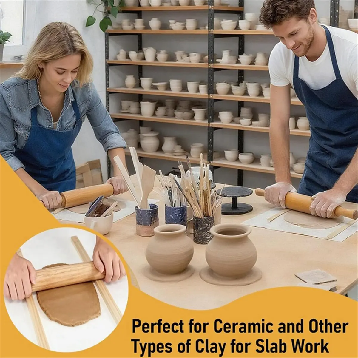 2026 New Tool 13 Pcs Pottery Tools Kit with 5 Size Teaching Rolling Mud Stick Guides, Wood Rolling Pin & Clay Fabric