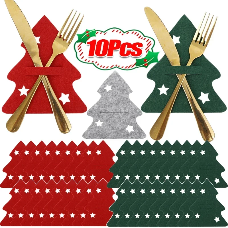 10/1PCS Christmas Tree Cutlery Knife Fork Covers Table Decor Xmas Tableware Pocket Holder Bags New Year Xmas Party Decorations