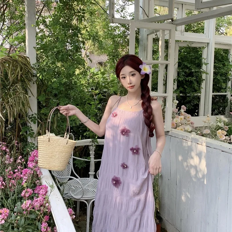 

Slimming Floral 3D Folded Summer New Style Holiday Feel Strap Dress Girls Sensation Midi Skirt High Waist Chiffon A-Line Dress