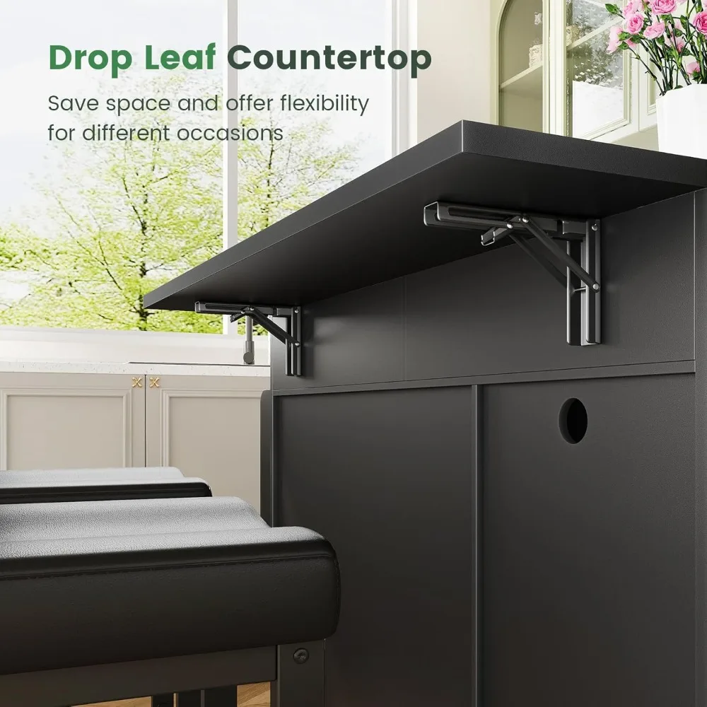 جزيرة مطبخ Concho مقاس 56 بوصة مع جلوس وسطح من الفولاذ المقاوم للصدأ، جزيرة مطبخ متنقلة مع أوراق قطرة قابلة للطي