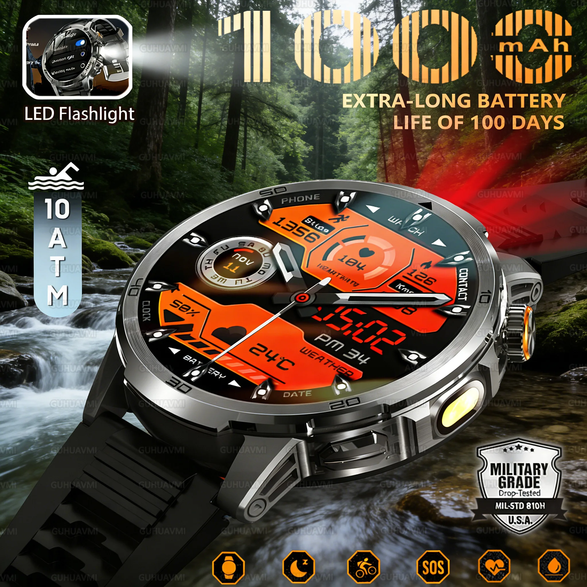

2026 New Military 1000mAh Battery Smart Watch 10ATM Waterproof SOS alarm sound mode1.85 "HD Large Screen Sports Smart Watch Men