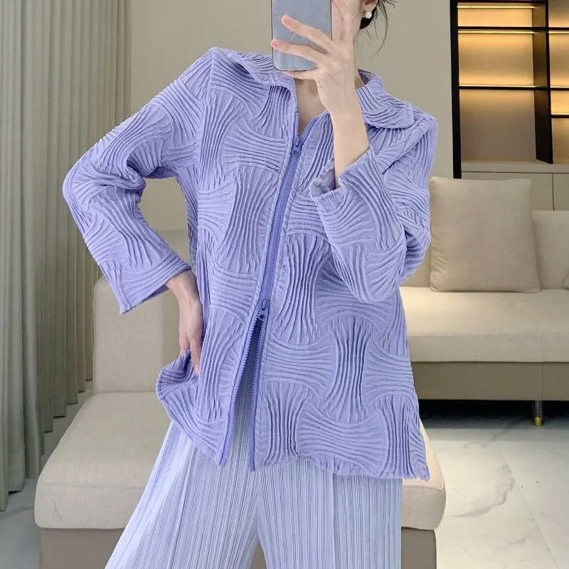 

Miyake Pleated Jacket Women's Spring and Autumn Casual Comfortable Pleated Cardigan Full Sleeve Lapel Zipper Shirt Top