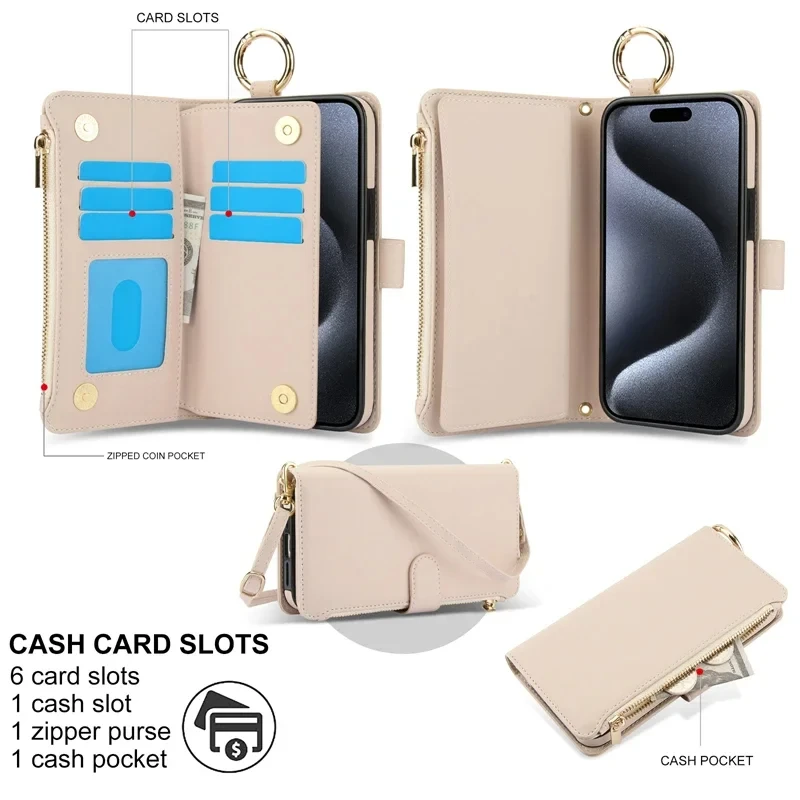 Multifunction Card Slots Holder Zipper Wallet Flip Phone Case for IPhone 15 14 13 12 11 Pro Max Plus XS XR X 15Pro Strap Cover