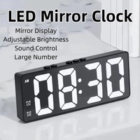 Mirror Display LED Mirror Clock Sound Control Large Number Digital Alarm Clock USB/Battery Powered Mute Function
