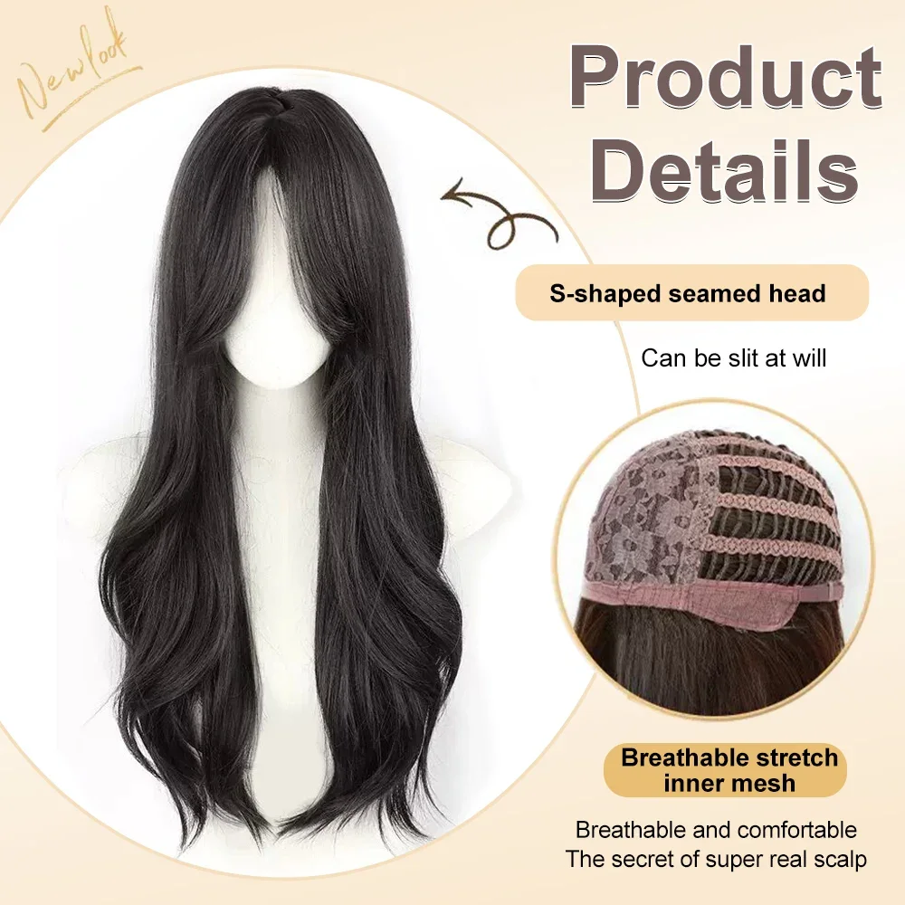 ALXNAN Long Wavy Synthetic Wigs for Women Natural Black Wigs with Bangs Daily Cosplay Party Heat Resistant Fake Hair
