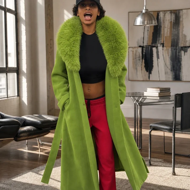 Women Wool Blend Wrap Coat Faux Fur Collar Self Tie Belt Long Length Open Front Jacket Winter Elegant Casual Ladies Outerwear