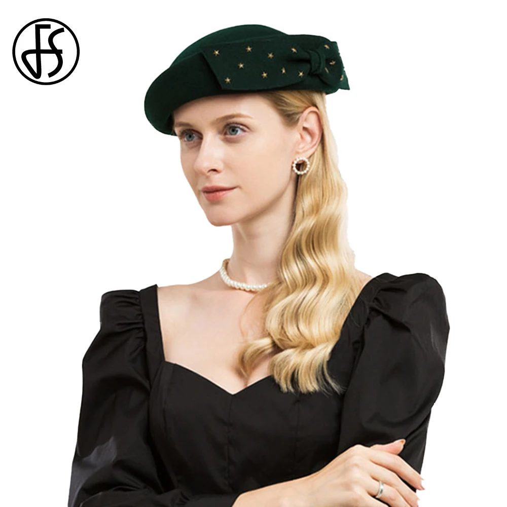 FS Women Beret Blackish Green Bud Cap France 100% Wool Felt Winter Hat Elegant Lady Church Party Black Fedoras Back To School