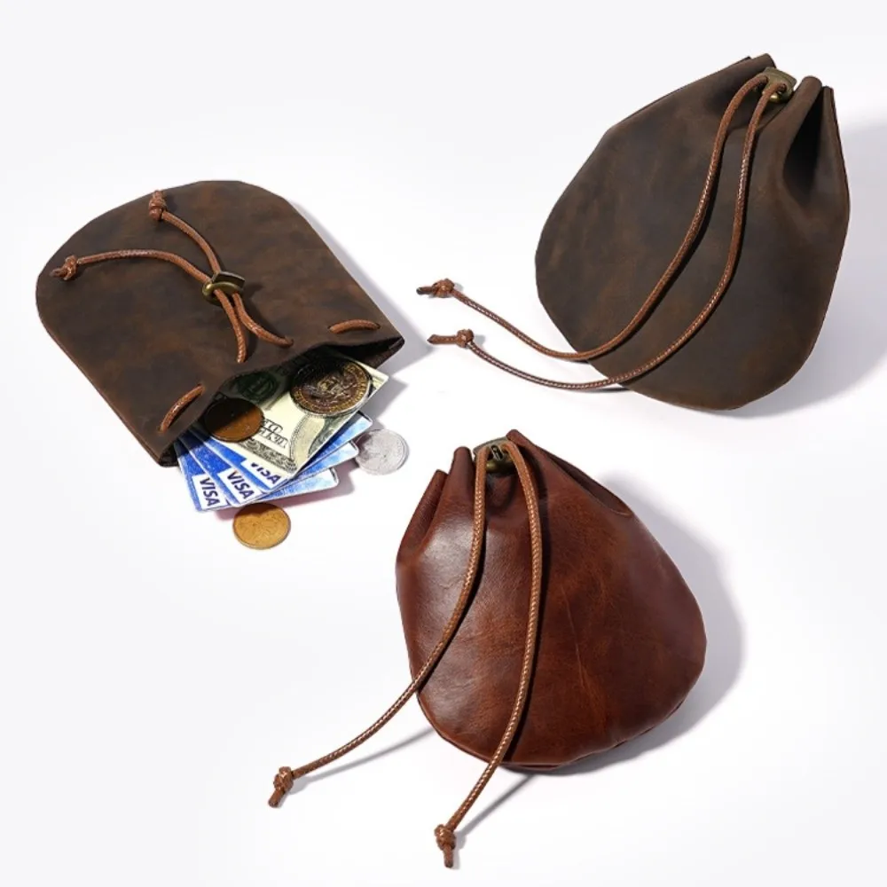 Handmade Portable Leather Drawstring Pouch Retro Nordic Style Coin Holders Genuine Leather Coin Purses Coin Jewelry Storage