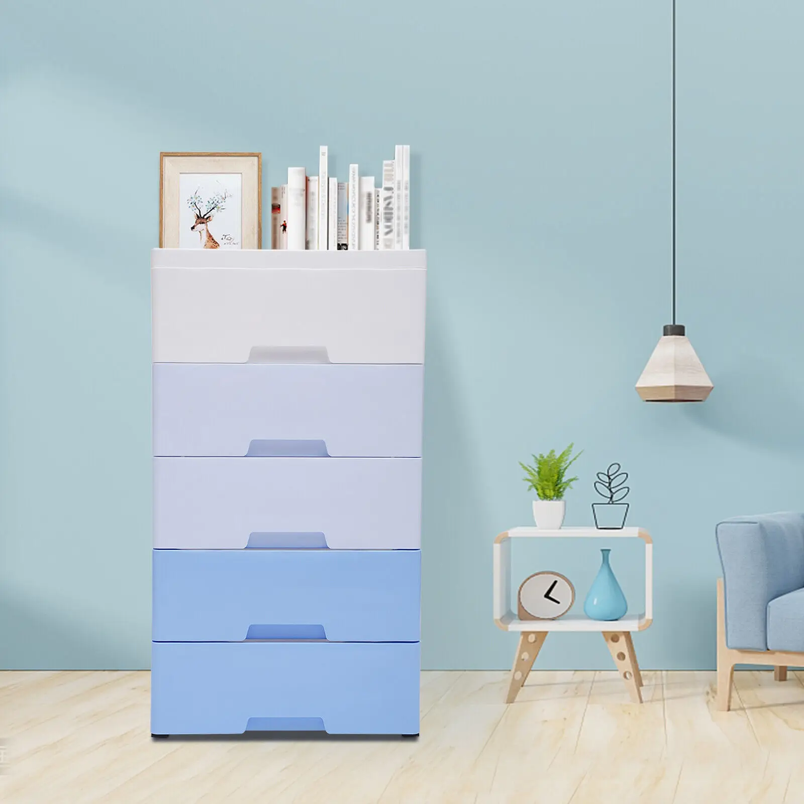 5 Drawer Vertical Clothes Storage Tower Bedroom Tall Small Chest Closet Home Furniture Stackable Gradient Blue