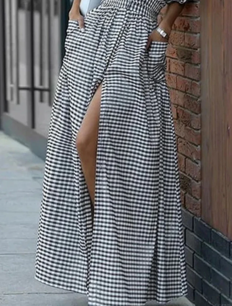 موضة جديدة منقوشة التلبيب قميص فستان المرأة كشكش الأكمام جيوب بأزرار الجبهة الشق عالية الخصر فساتين ماكسي أنيقة