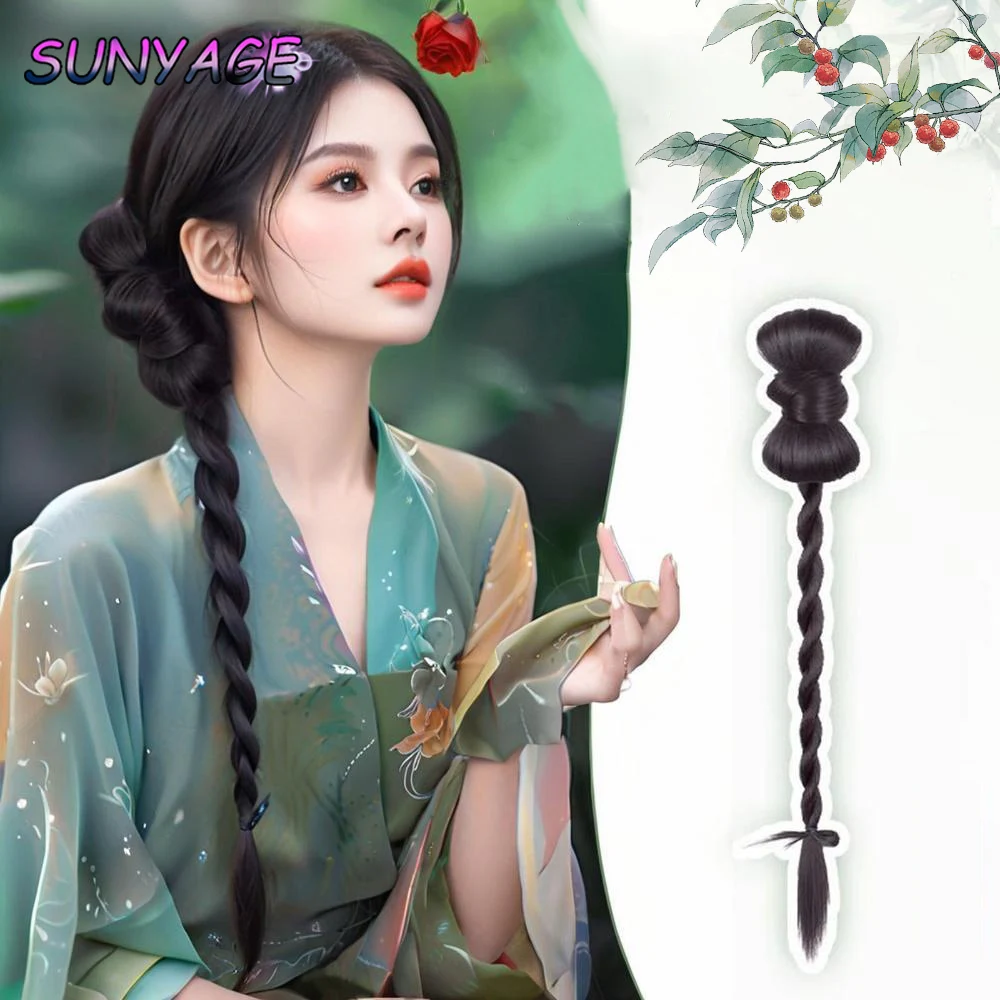 

Chinese wig braid ponytail female side tied low ponytail national style butterfly Fried Dough Twists braid synthetic wig clip