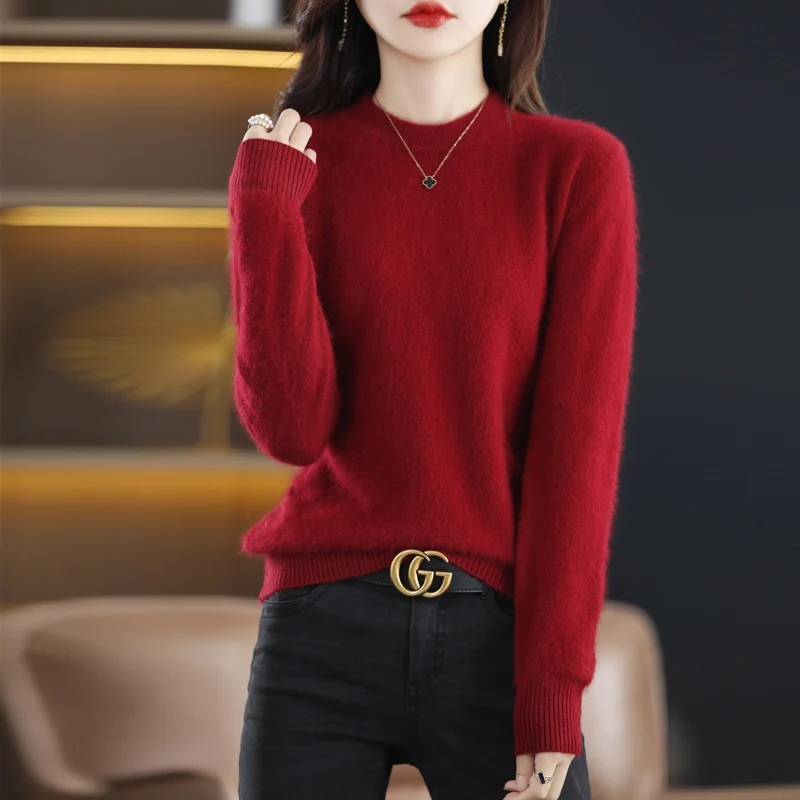 Round Neck Pure Mink Cashmere Sweater For Women\'s Long Sleeved Warm Autumn And Winter Loose Knit Pullover With Solid Color Base