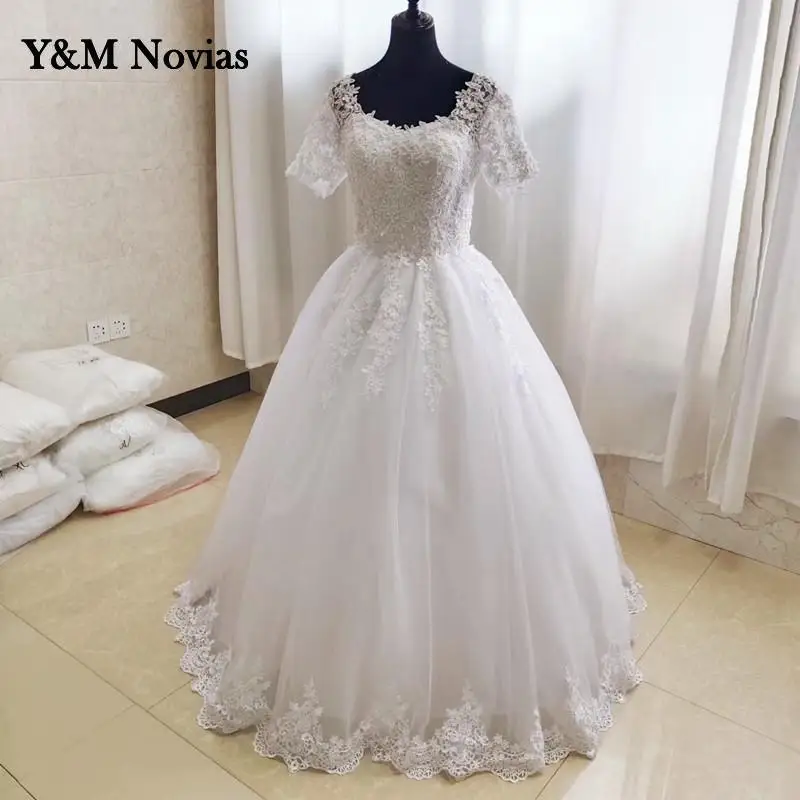 Y & m novias clássico colar quadrado branco marfim pérolas vestidos de casamento com manga renda applique borda para noivas vestidos mais tamanho