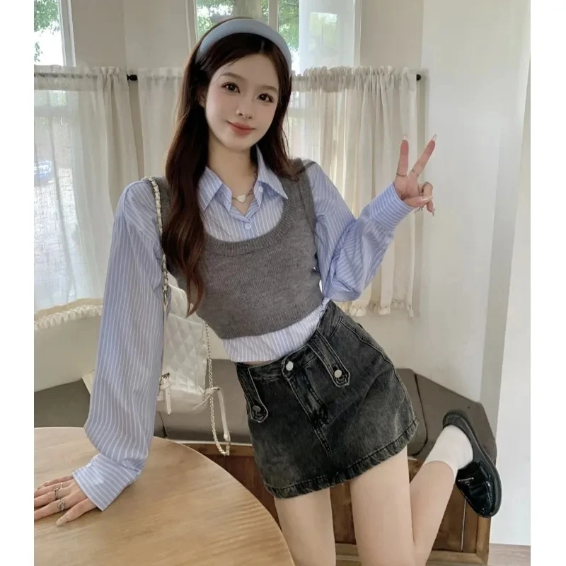 Women Spring Autumn Shirt Knit Vest Two Piece Set 2024 Korean Preppy Style Blue Stipe Blouse Tank Sweater Lady Casaul Joker Tops