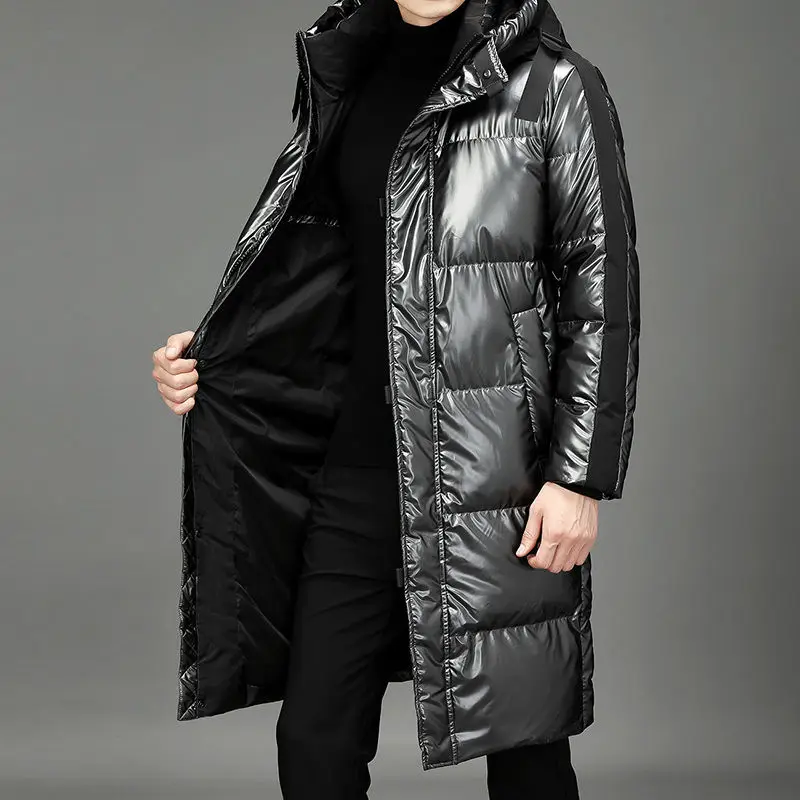 Men Winter Down Jacket Long Parka Coat White Duck Down Coat Men Outwear Fashion Glossy Jacket Hooded Thick Warm Overcoat