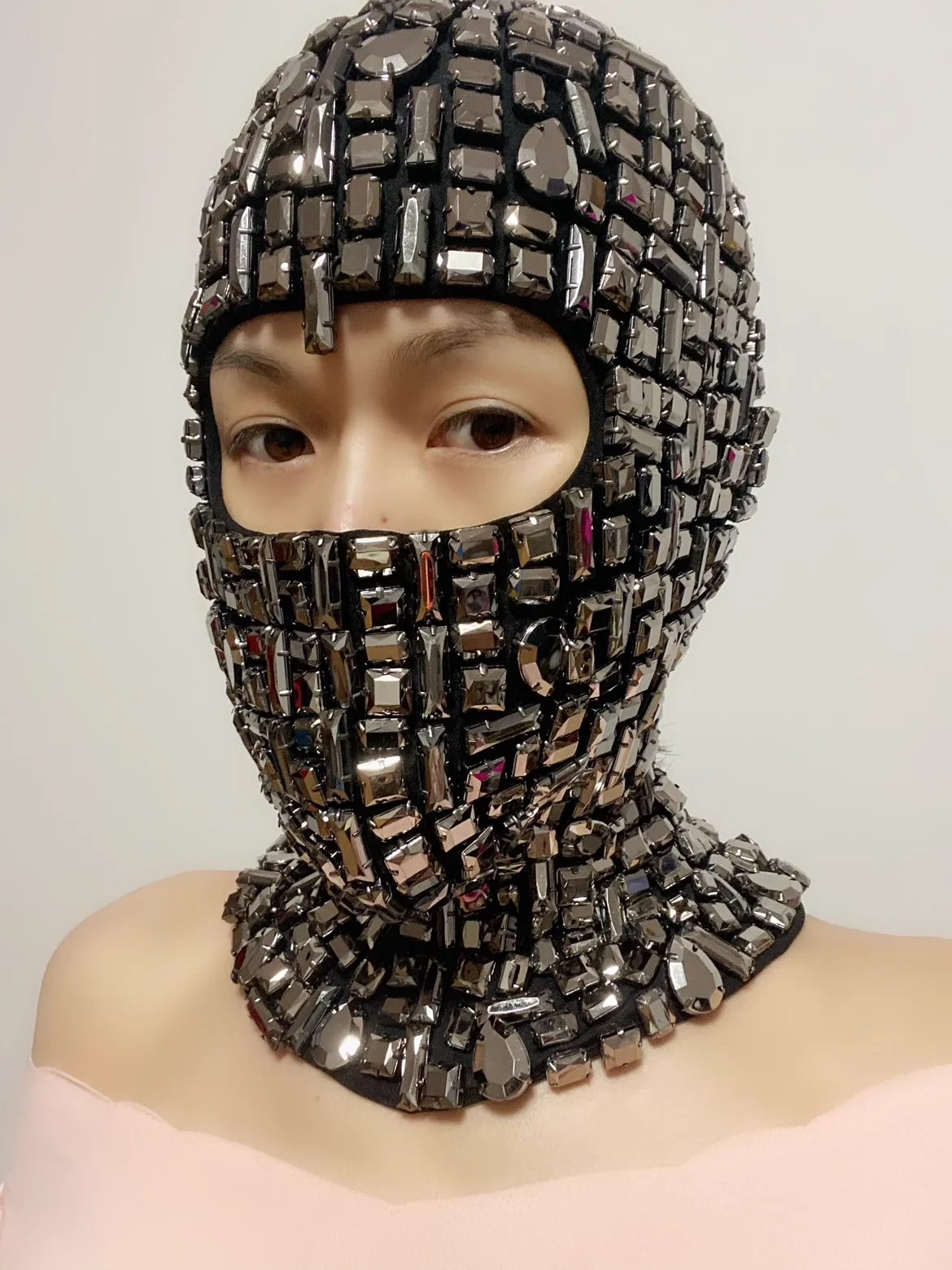 

Full diamond non revealing headgear, diamond mask, face mask, performance costume