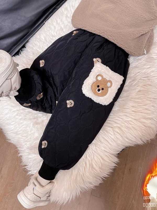 

Утепленные хлопковые брюки для маленьких девочек, зимние, с вышивкой медведя, милые, с высокой талией, длинные, с хлопковой подкладкой и манжетами