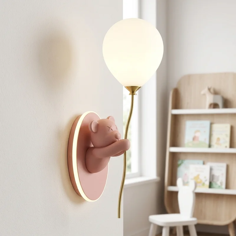 Modern Cute Cartoon Bear Holding Balloon Decorative Childrens Bedroom Nursery Bedside Wall Mounted Interior Accent Wall Lamp