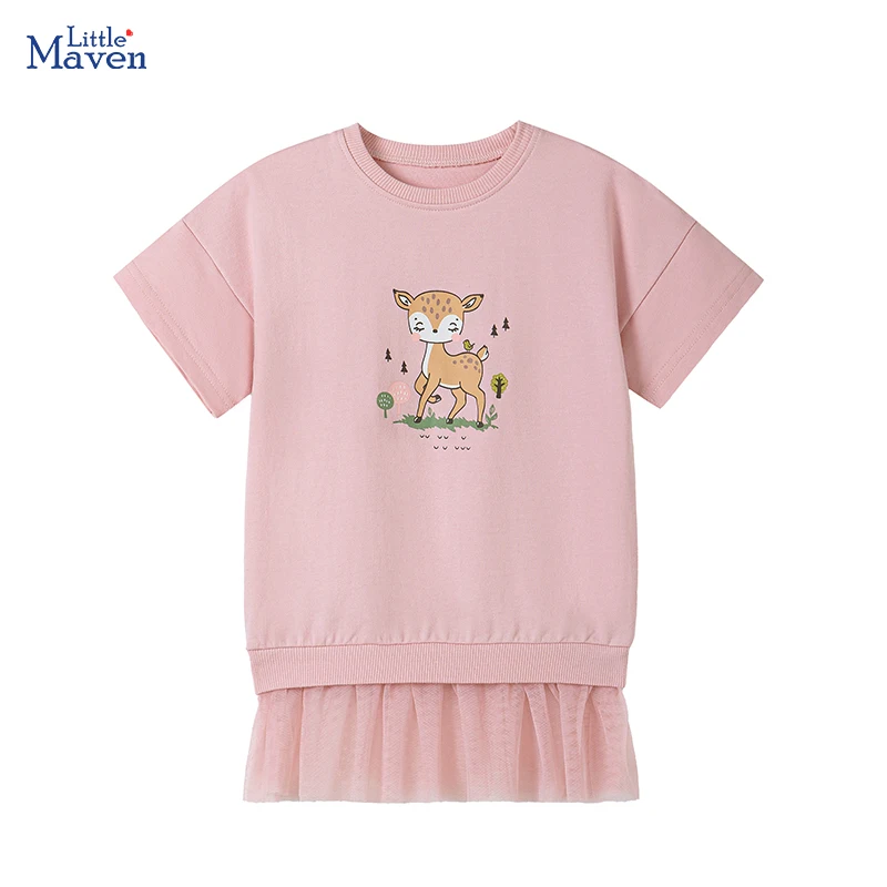 Little maven Children's Clothing Kids Clothes Baby Girls 2025 Summer New Cartoon Deer Mesh Short Sleeves Hoodie Mesh Dresses