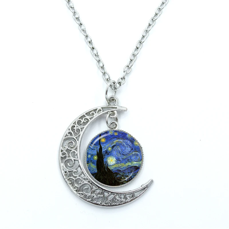 Van Gogh nuit étoilée collier verre Cabochon croissant de lune chaîne collier bijoux saint valentin cadeau pour les femmes