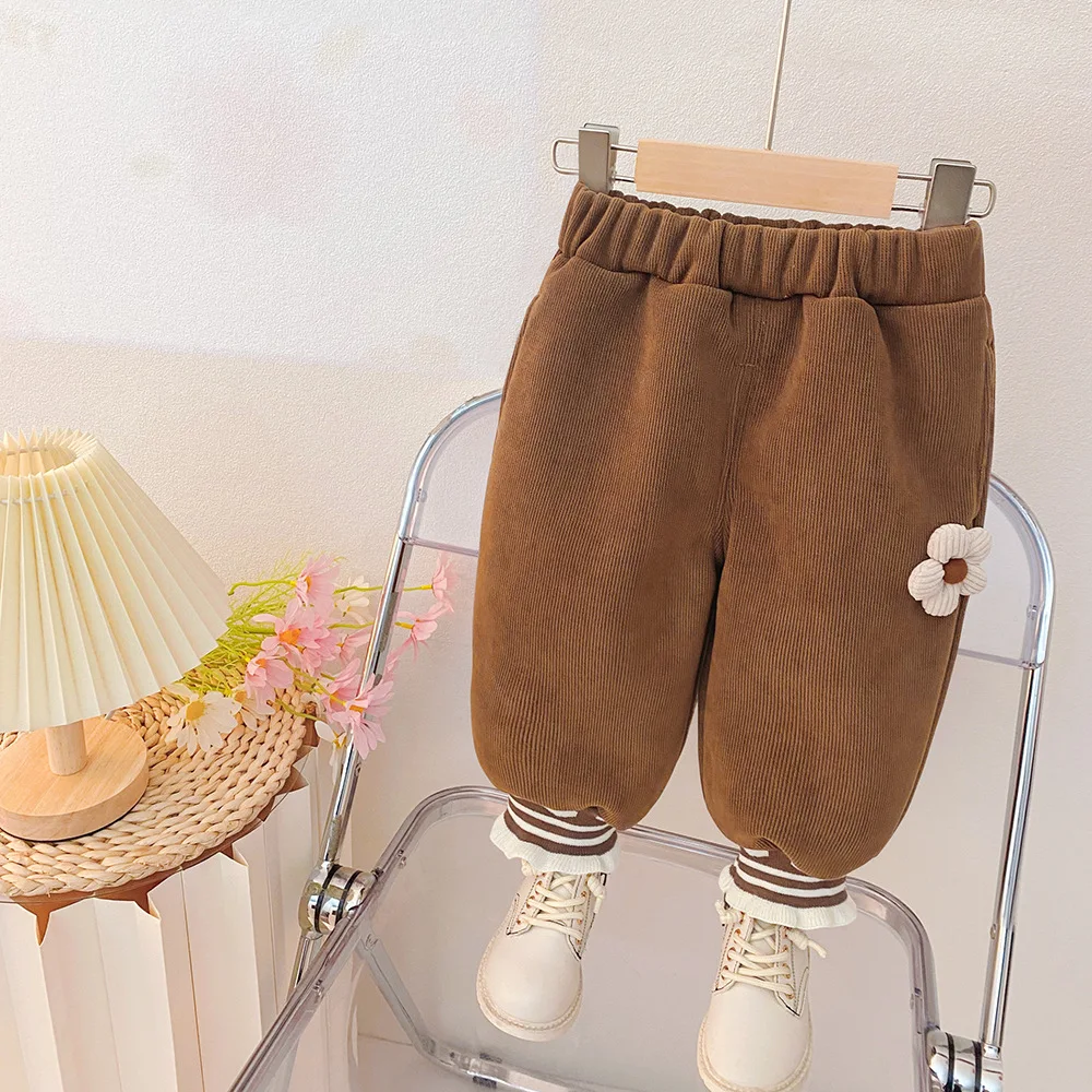 

Winter Girls Fleece Lined Pants with Floral Decoration Knitted Heart Cuff Elastic Waist Children Trousers
