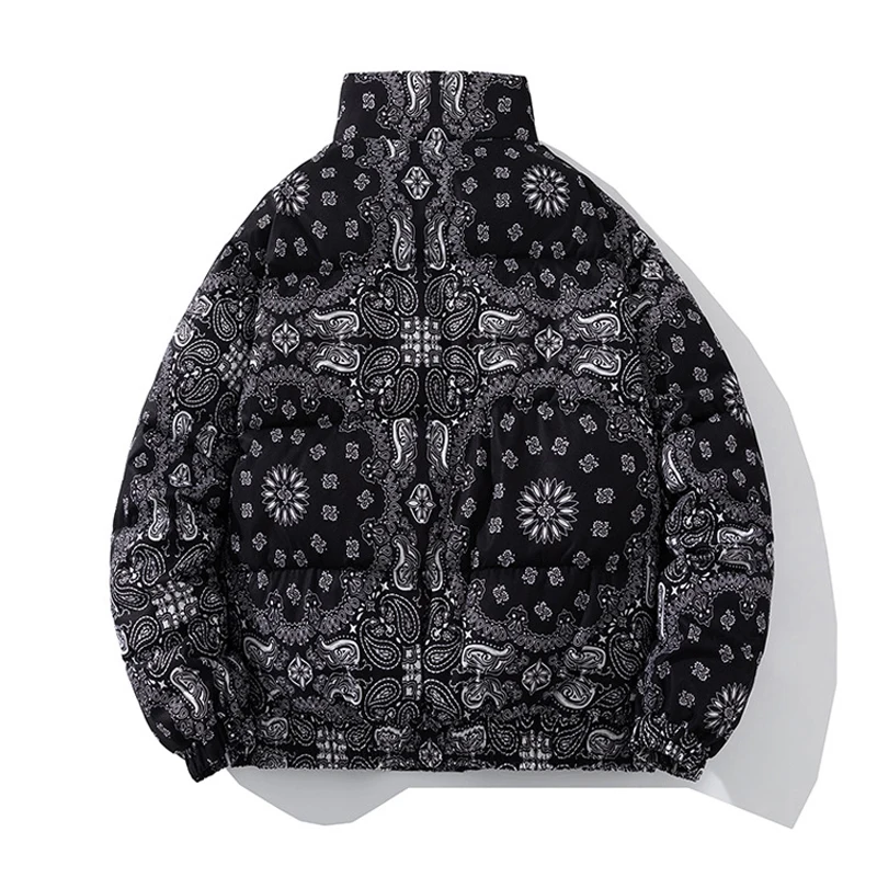 Winter Bandana Puffer Jacket Men Brand Thick Warm Casual Parka Loose Harajuku Fashion Zipper Paisley Windproof Bubble Coat Women