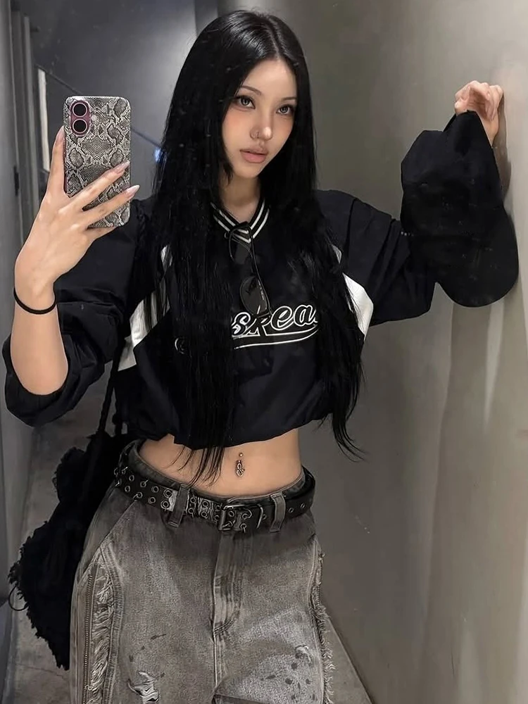 

Weird Puss Hip-Hop Pullover Women Letter Print Stripe Patchwork V-Neck Hottie y2k Spring Trend Street Wild Punk Clubwear T-Shirt