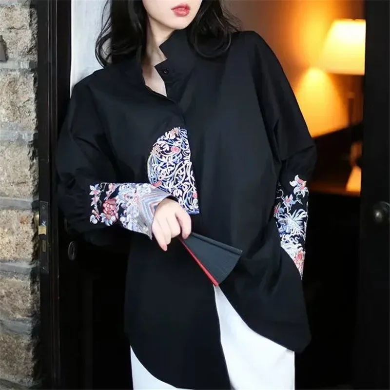 Spring Summer Mid-Long Women's Shirt Tops 2024 Fashion Loose Thin Money Embroider Coat Cardigan Black 3XL Outerwear Female L8