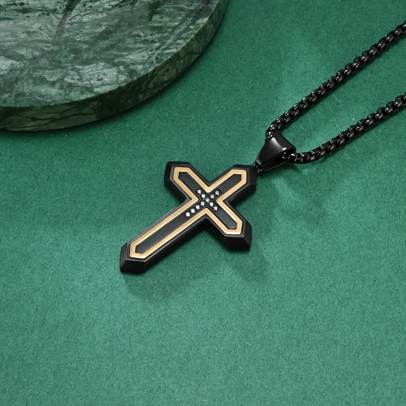 Kreuz Anhänger Edelstahl Qin Kaiser Schwert Körper Design Zwei Ton Hochwertige Halsketten Modische Schmuck Party Geschenk – Detail 6