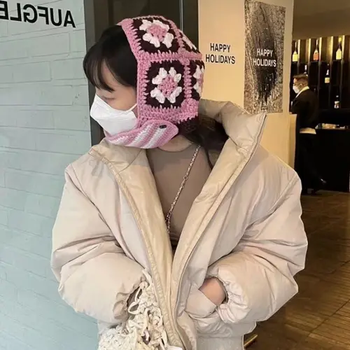 INS Korea Autumn Winter Flower Striped Y2K Balaclava Thief Hats For Women Men Mask One-piece Knitted Beanie Caps Gorras - Image 2