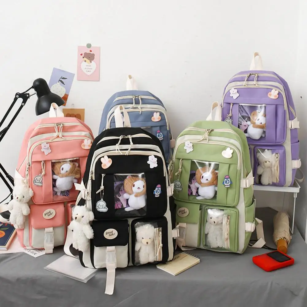 5Pcs/Set Useful Student Backpack Korean Style Large Capacity Female Anti-scratch Multi Pockets Messenger Bag Handbag