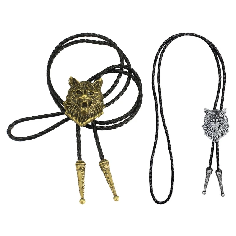 

50JB Mens American Leather Rope Bolo Tie Necktie Metal Wolf Head Animal Cowboy Pendant Western Necklace Jewelry Shirt Chain