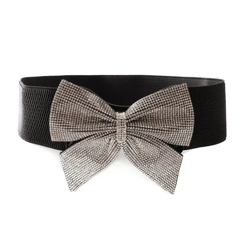 

Fashion Wide Bowknot Waistband Rhinestone Elastic Women Dress Belts Bling Peplum Waistband for Skirt Dress Coat