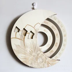 Creative Wooden Sun Moon Adjustab Perpetual Wall Calendar Rotatable Circular DIY Hand-Carved Calendar Retro Aesthetic Home Decor