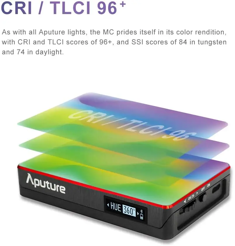 Aputure MC ชุดเดินทาง4ไฟ RGB บนกล้องแฟลชวิดีโอ LED TLCI/CRI 96 + rgbww 3200K-6500K HSI ควบคุมสีพร้อมเคสชาร์จ