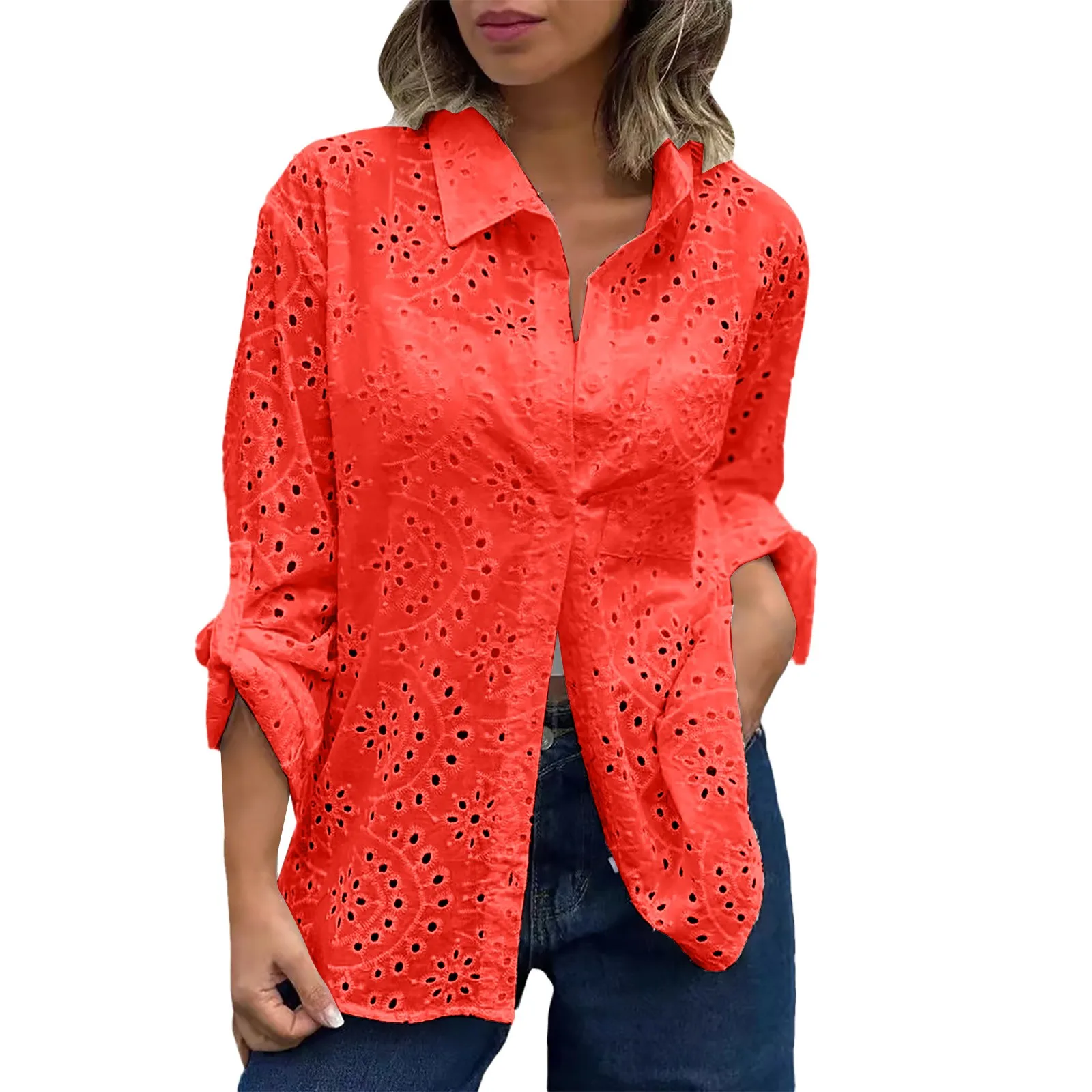 Women\'s Spring And Summer Solid Color Shirt Collar Loose Embroidered Hollow Large Size Shirt Top Teacher Shirts for Women