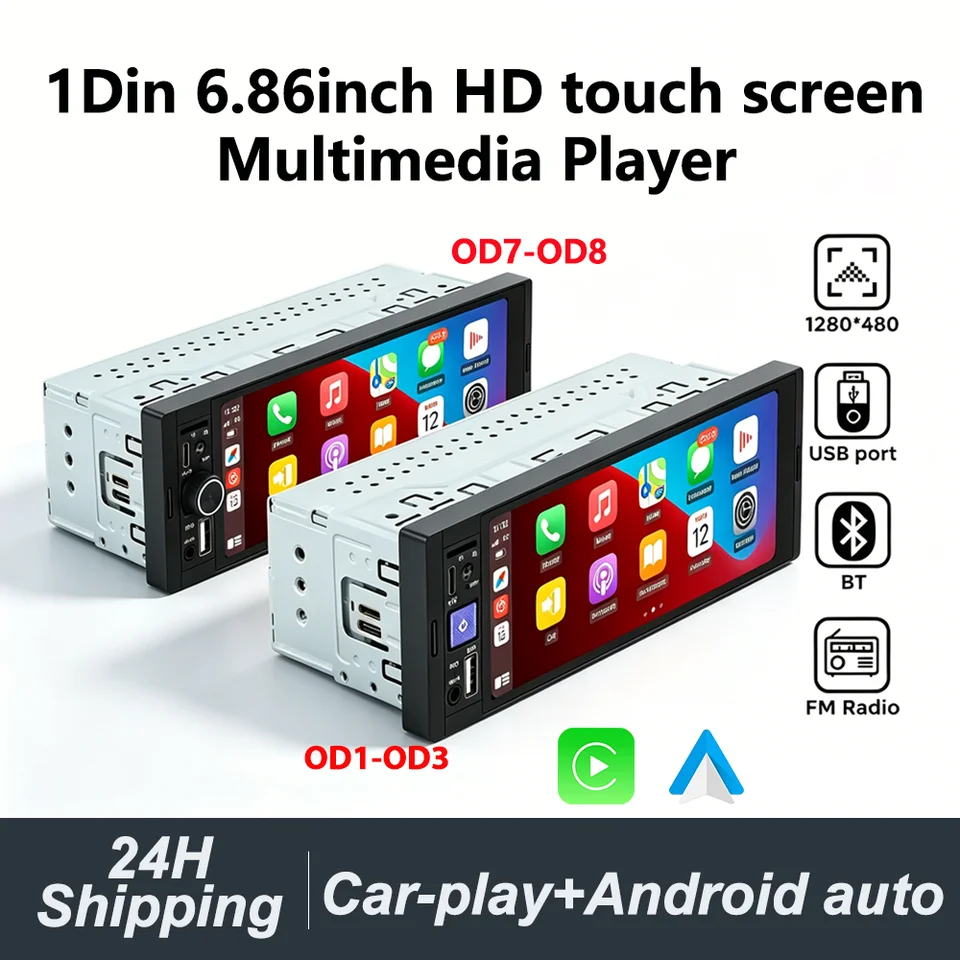 1Din 무선 CarPlay 안드로이드 오토 HD 터치스크린 범용 6.86인치 카 라디오 FM 스테레오 MP5 멀티미디어 플레이어 BT TF 포트 카메라