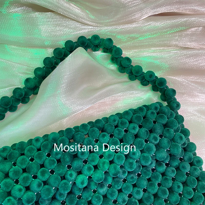 Winter Velvet Beads Christmas Bag Gift Party Dinner Shoulder Bags Handmade Green Hand-woven Celebrity Unique Design Ladies