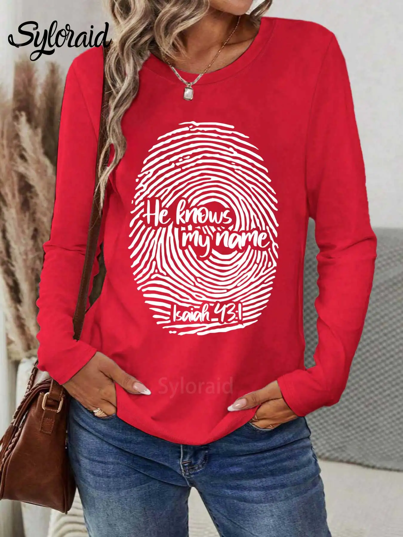 レディース長袖Tシャツ イザヤ43:1 Tシャツ キリスト教シャツ 彼は私の名前を知っているTシャツ ファッションラウンドネックカジュアルトップ