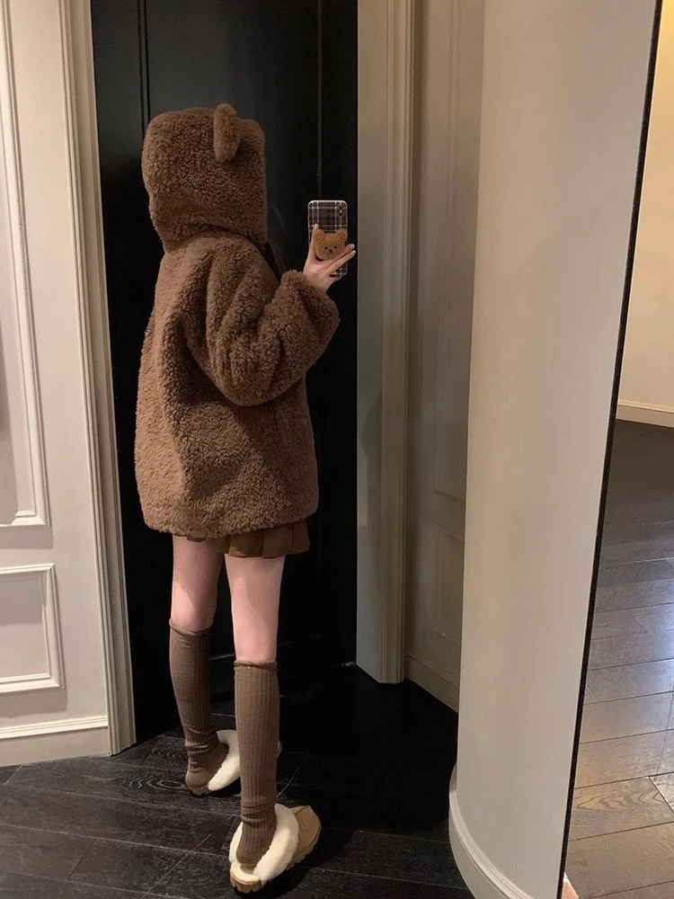 Zimní bundy s kapucí a medvědím uchem, dámské bundy 2024, chlupaté streetwear, tlusté svrchní oblečení, ležérní módní zip, kabáty Y2k - náhled 2