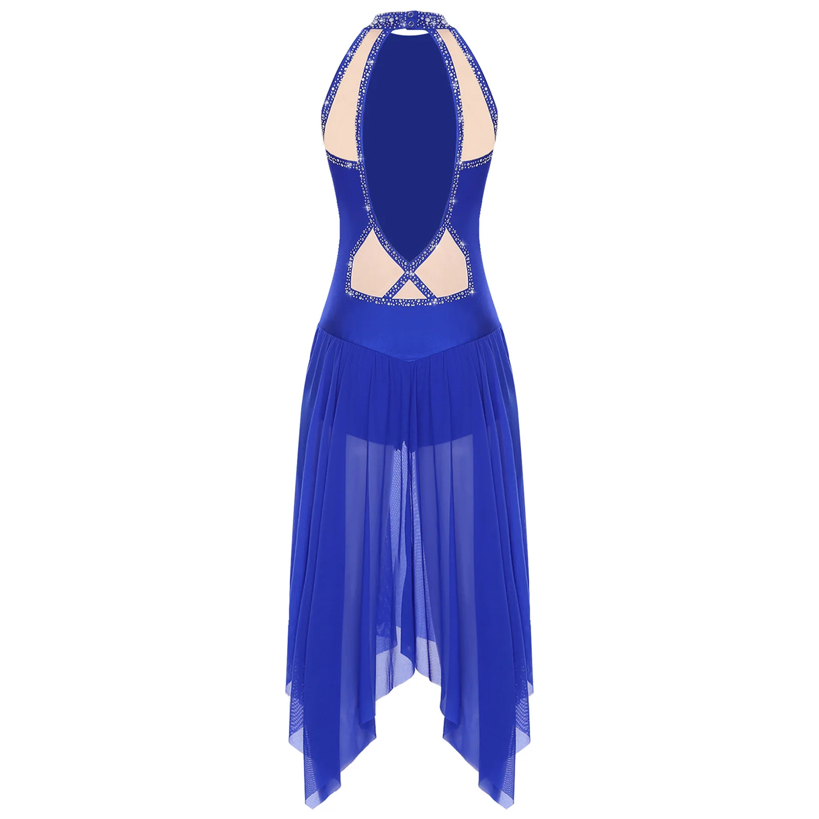 レディースモダンリリカルダンスドレス光沢のあるラインストーンレオタードドレスダンスウェアフィギュアアイススケート体操ダンスパフォーマンス用